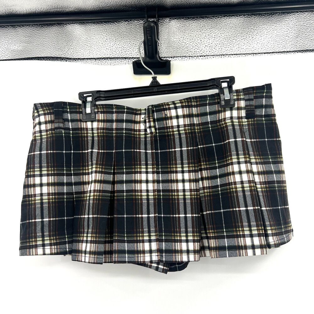 Almost Famous Plaid Pleated Micro Mini Skirt Skort Y2K Grunge Brown Black XL
